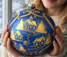 Polsk håndblæst julekugle i mat kongeblå med vintermotiv – set fra siden, diameter 15 cm